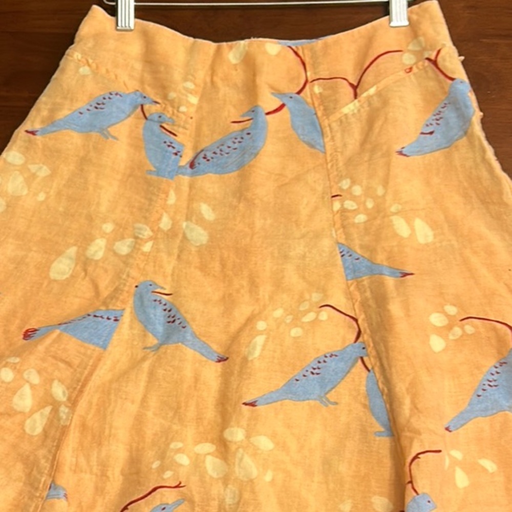 Anthropologie Meadow Rue A Line Linen Skirt, peach with blue birds - Picture 2 of 6